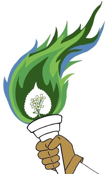Garlic Mustard Games torch logo: a green flame with a garlic mustard sprig