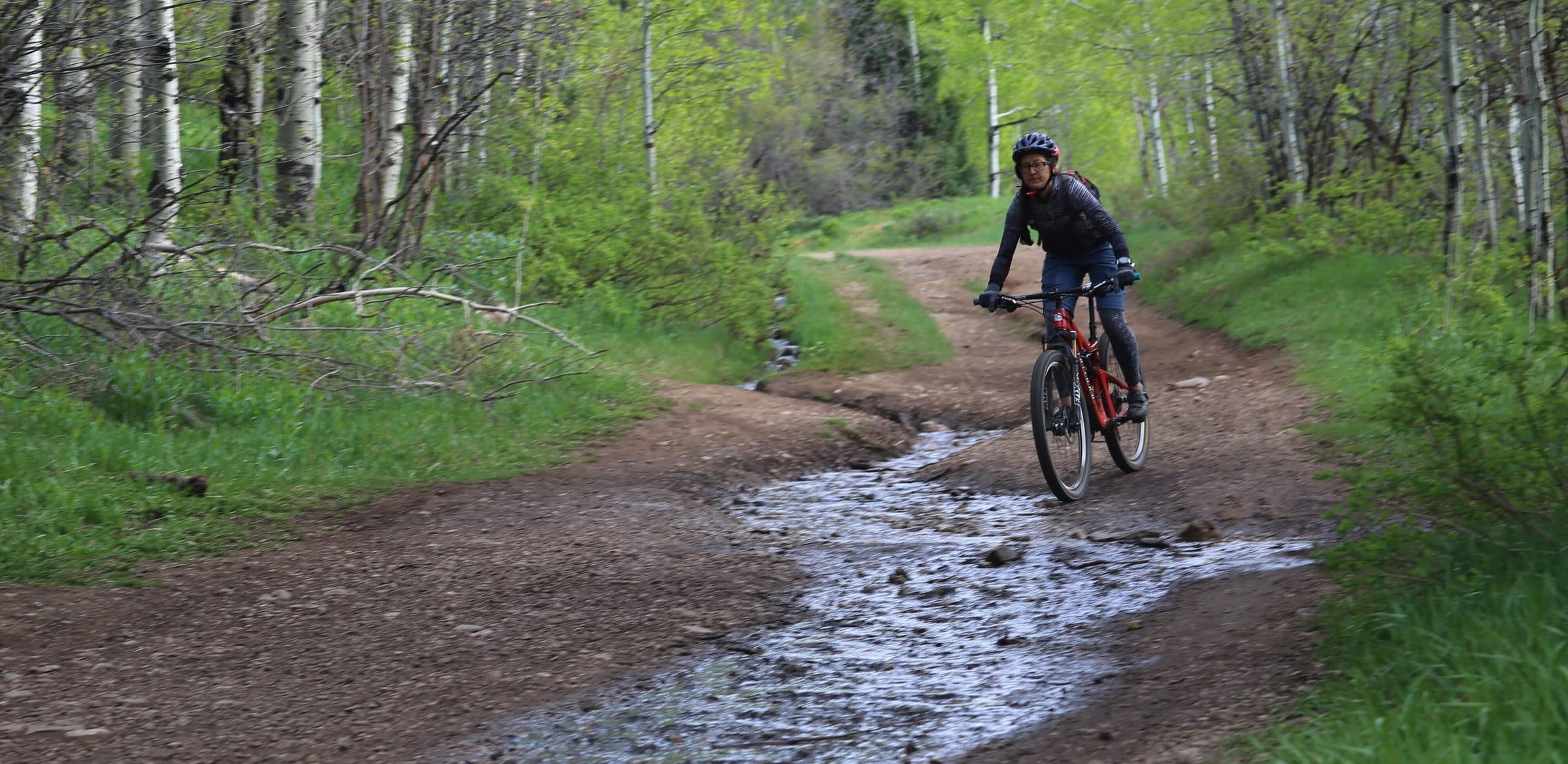 A mountain biker on a wet singletrack through aspens